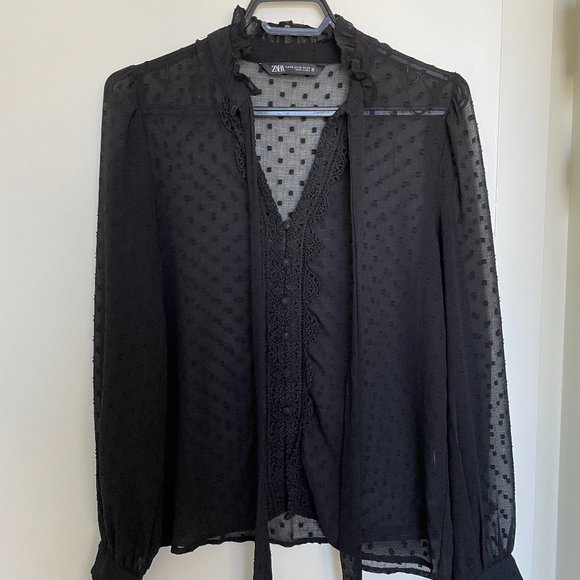 Zara sheer blouse with buttons and neck tie - Picture 1 of 5